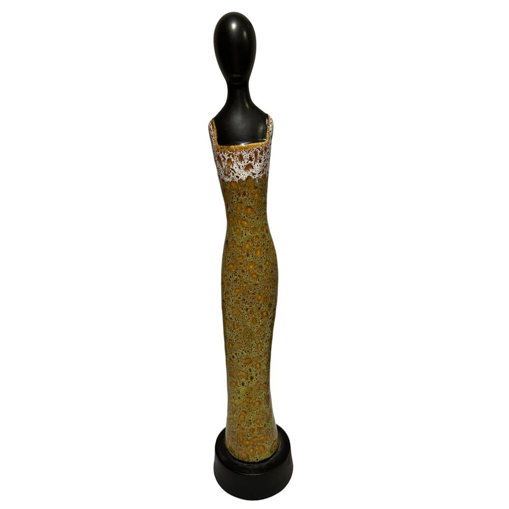Vintage Glazed Ebony Clay Carving - Woman Figurine in Yellow Dress